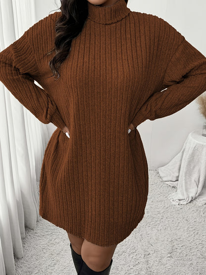 Women'S Plus Size High Neck Rib-Knit Knit Dress, Casual Long Sleeve Knee-Length Pullover