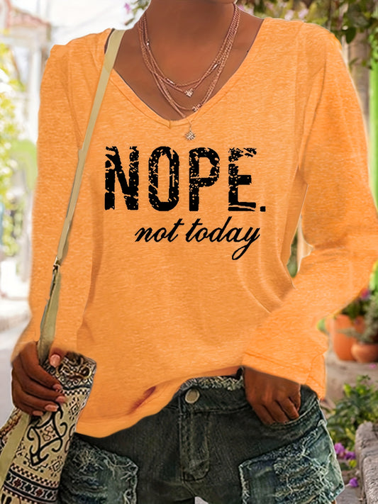 Plus Size Nope Print V Neck T-Shirt - Plus Size T-shirts for Women, Casual Long Sleeve Top with Relaxed Fit for Spring and Fall Seasons