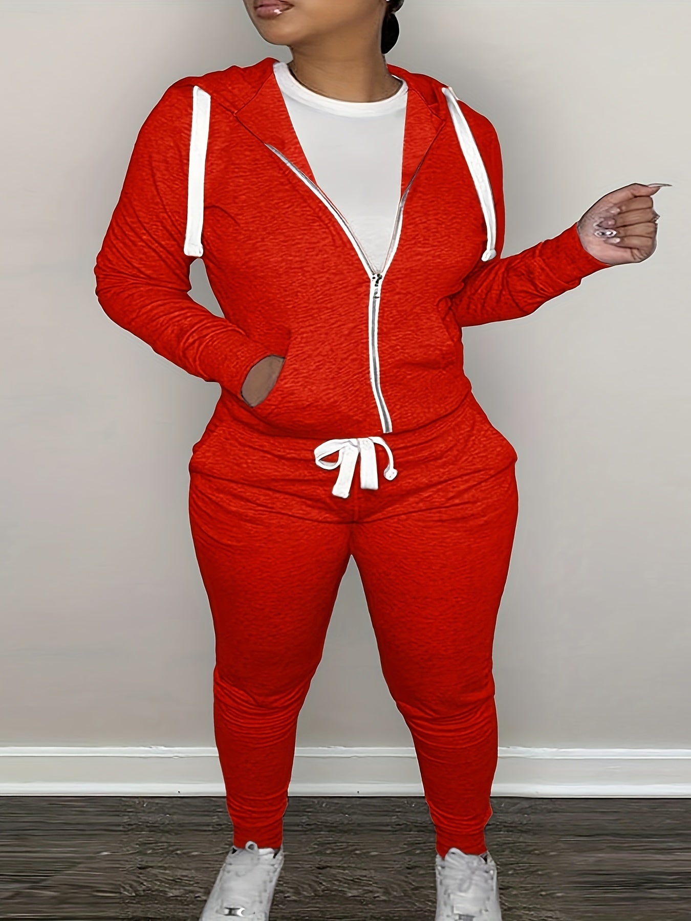 Plus Size Two Piece Outfit Set - Vibrant Solid Color, Cozy Long Sleeve, Adjustable Drawstring, Convenient Zipper Closure