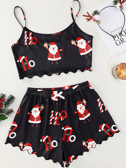 Women's Cute Christmas Cartoon Print Lettuce Trim Top And Shorts Cute Pajama Set Sleepwear