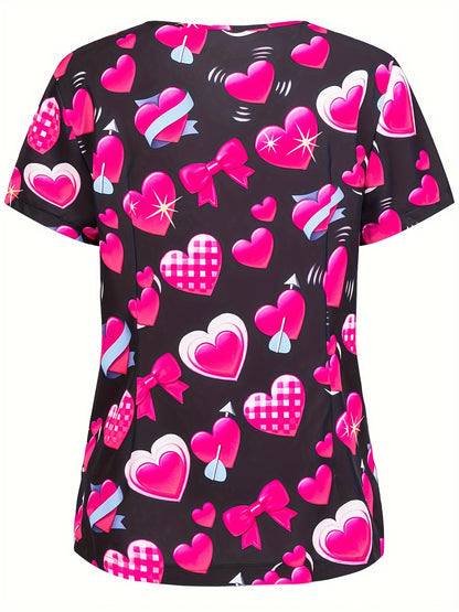 Heart Print V Neck Scrub Tops, Elegant Short Sleeve Patch Pockets Medical Nurse Uniform, Women's Clothing