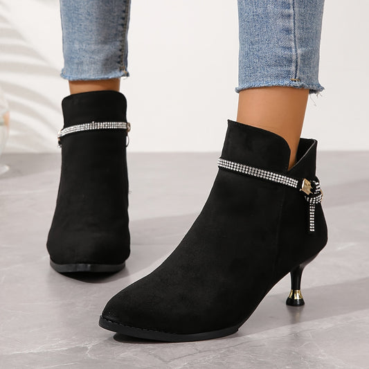 Botas de tacón de aguja con diamantes de imitación deslumbrantes: botas de vestir de punta puntiaguda para mujer de última moda con ajuste cómodo y cremallera lateral suave: para atuendos de noche glamorosos