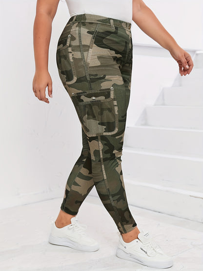 Leggings ajustados con estampado de camuflaje de talla grande y elásticos: leggings de cintura alta, cómodos, suaves y transpirables para primavera y verano: ropa de talla grande para mujeres con curvas