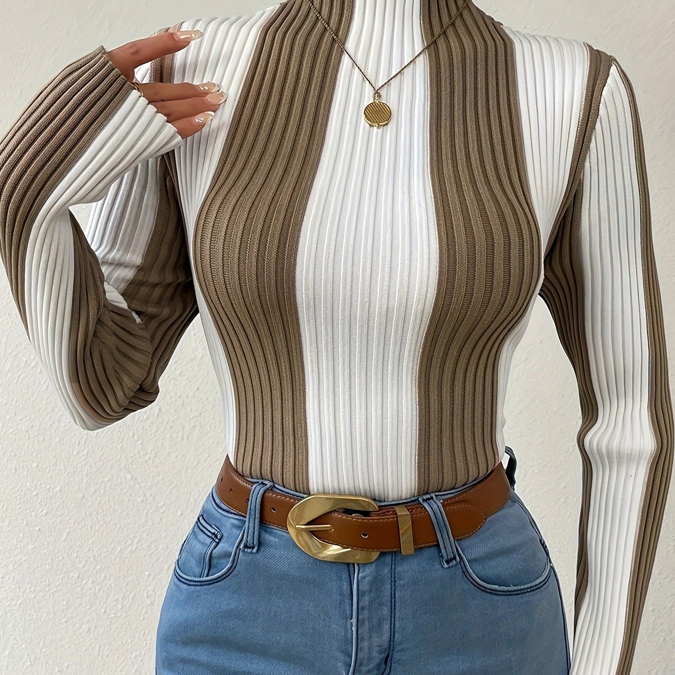 Rib Knit Color Block Mock Neck Sweater, Elegant Long Sleeve Sweater For Fall & Winter