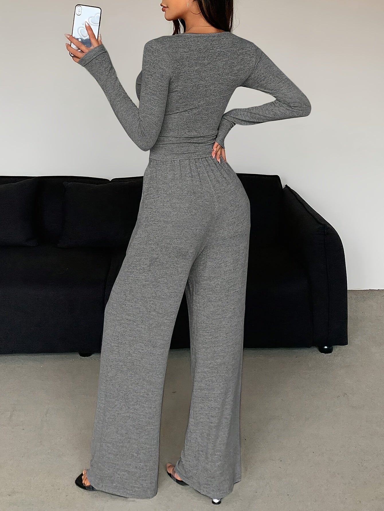 Women's Casual V-Neck Knit Pantsuit Set - Polyester Blend Long Sleeve Button-Top with Drawstring Pocket Pants, Solid Color Two-Piece Outfit for Fall/Winter