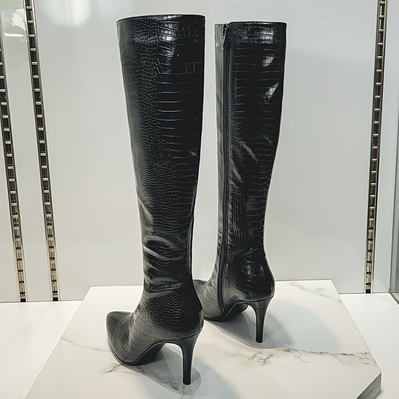 Knee-High Boots - Sexy Glossy Croc-Embossed Stiletto Heels