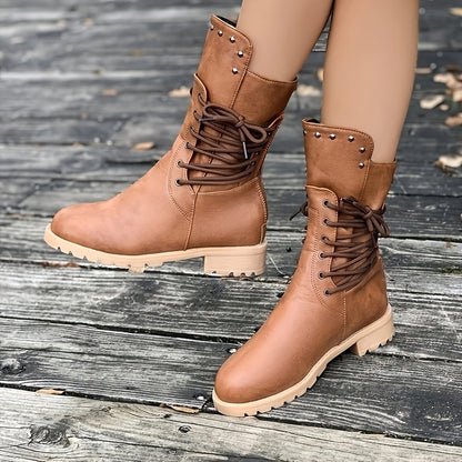 1 par de botas casuales de media pantorrilla para mujer: color sólido, punta redonda, sin cordones, tacón plano, forro de tela, suela de goma, parte superior sintética, plantilla de tela: botas de vestir para la temporada de otoño