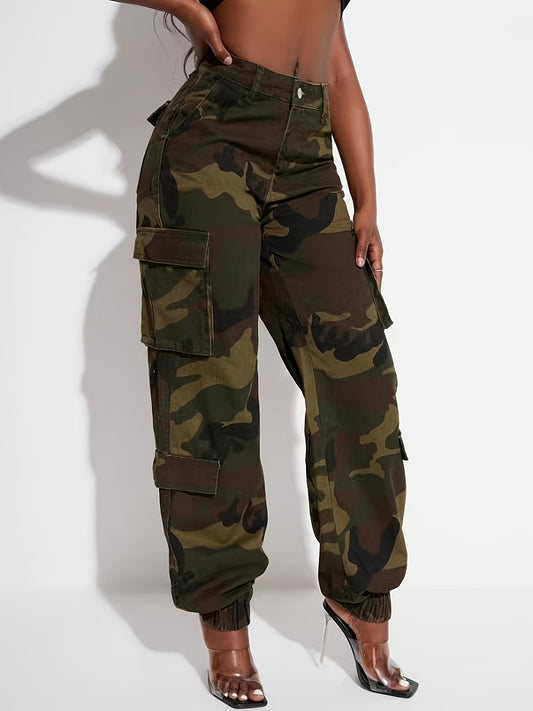 Women's Camo Print Cargo Jeans - Casual Denim Pants With Pockets, Non-Stretch Rayon Blend, Machine Washable