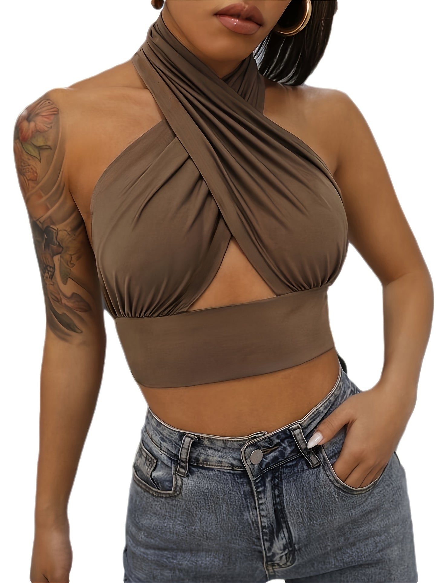 Stretchy Cut Out Cross Halter Top, Sexy Backless Crop Top