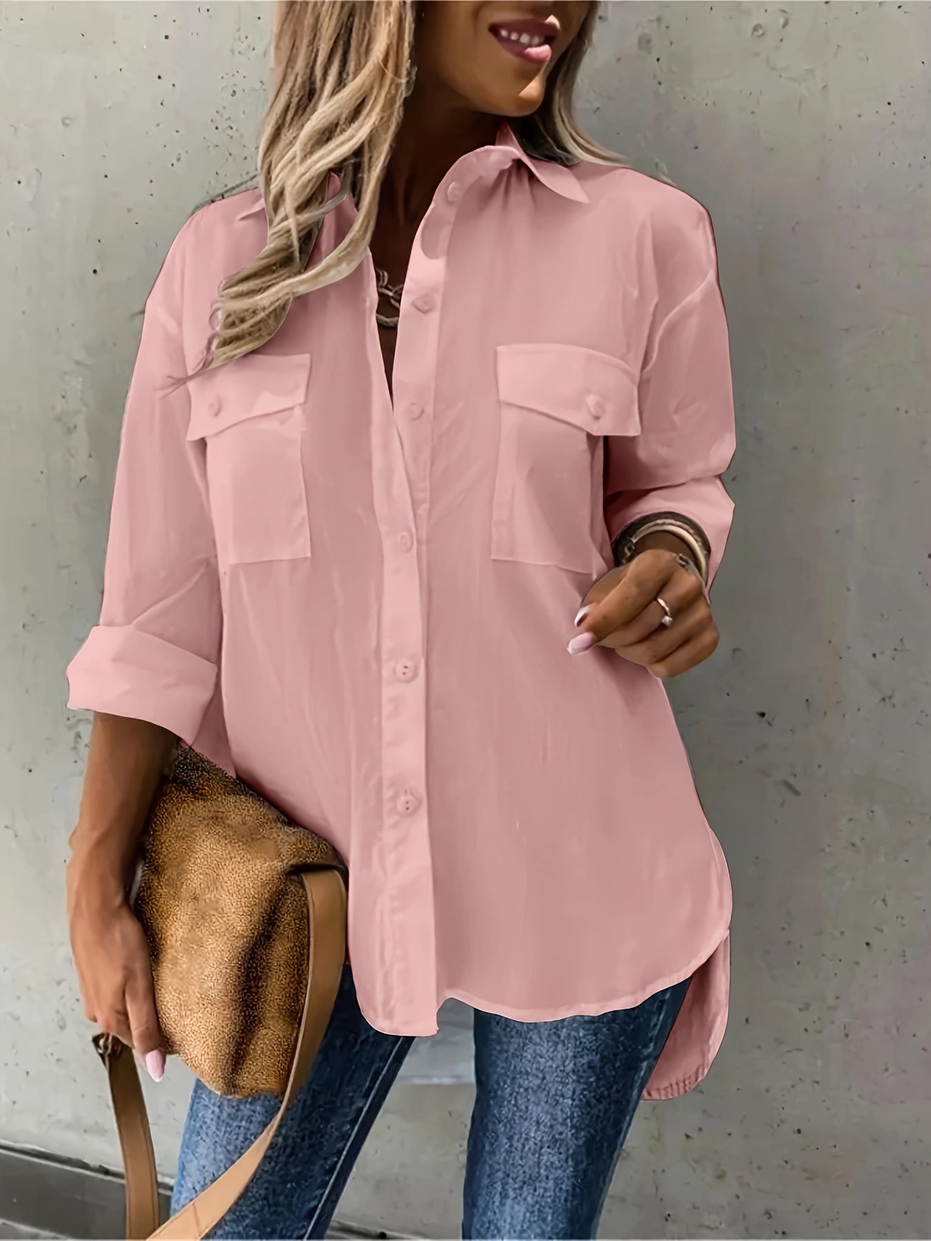 Plus Size Womens Charming Blouse - Long Sleeve Solid Shirt with Flattering Lapel Collar & Stylish Button-Up Design, Trendy Plus Size Top featuring Practical Flap Pockets for Casual Chic Style