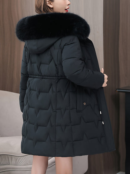 Elegant Women's Winter Coat with Detachable Hood - Long, Warm Puffer Jacket with Faux Fur Trim & Drawstring Waist