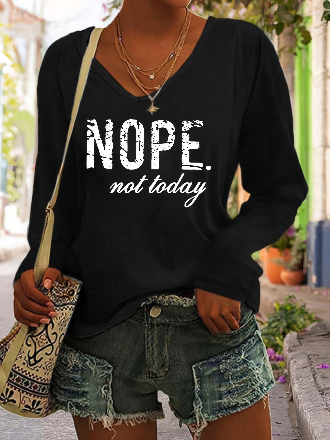 Plus Size Nope Print V Neck T-Shirt - Plus Size T-shirts for Women, Casual Long Sleeve Top with Relaxed Fit for Spring and Fall Seasons