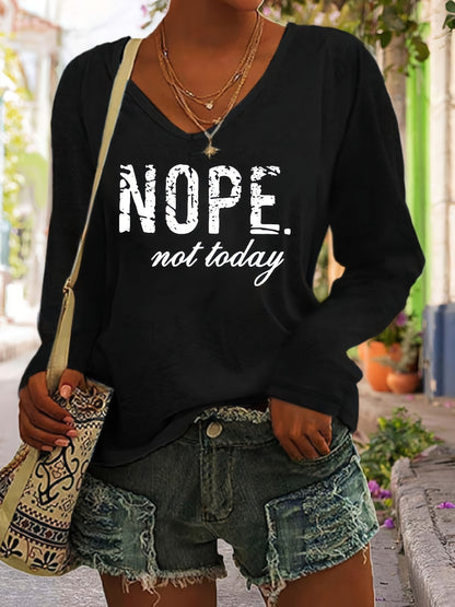 Plus Size Nope Print V Neck T-Shirt - Plus Size T-shirts for Women, Casual Long Sleeve Top with Relaxed Fit for Spring and Fall Seasons