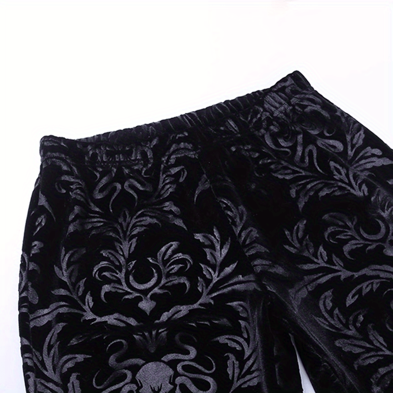 Gothic Floral Print High Waist Pants, Elegant Flare Leg Pants, Women's Clothing