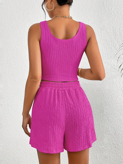 Solid Color Casual Shorts Set, Crop Tank Top & Elastic Waist Shorts Outfit