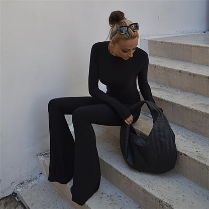 Black Simple Casual High Elastic Tight Sexy Backless Long-Sleeved Straight-Leg Wide-Leg Jumpsuit