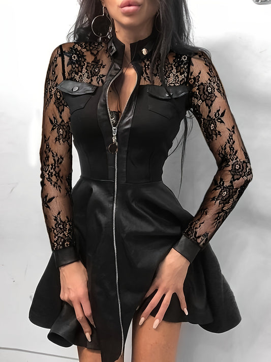 Plus Size PU Leather Lace Stitching Elegant Long Sleeve Zip Up Cinched Waist Dress