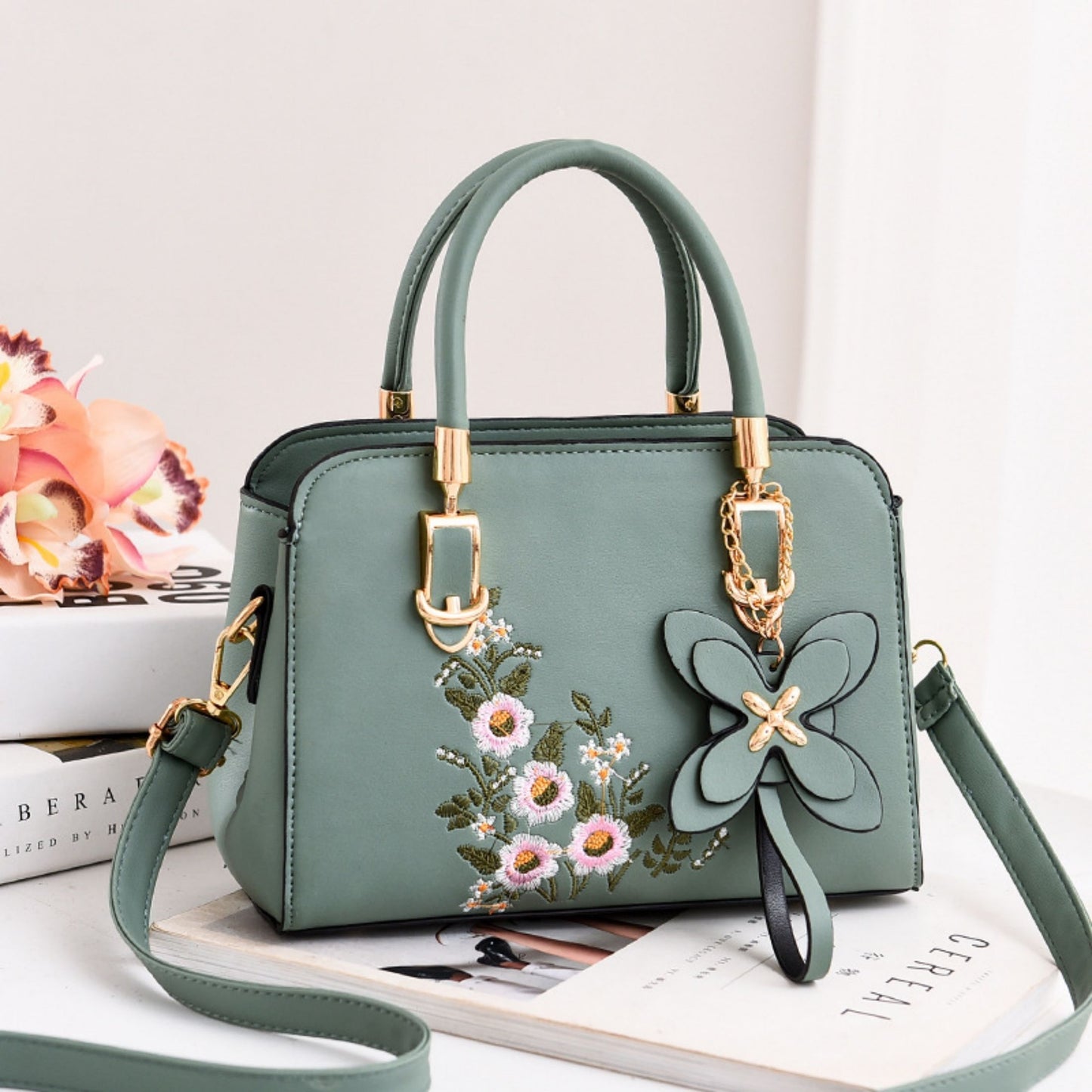 Floral Design Tote Bag With Adjustable Shoulder Strap And Zipper Closure, Elegant Design Crossbody Bag