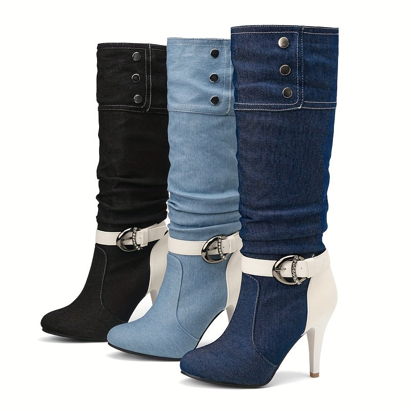 Women's Chic Denim Knee High Boots with Mid Heel Flare, Round Toe & Stylish Buckle Accent – Versatile and Comfortable - LuxyXO