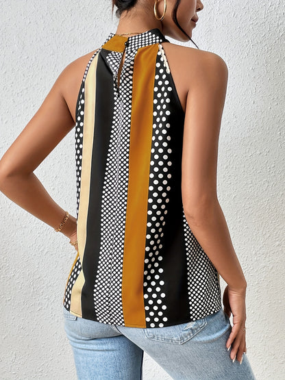 All Over Print Halter Neck Blouse, Casual Sleeveless Blouse For Spring & Summer, Women's Clothing