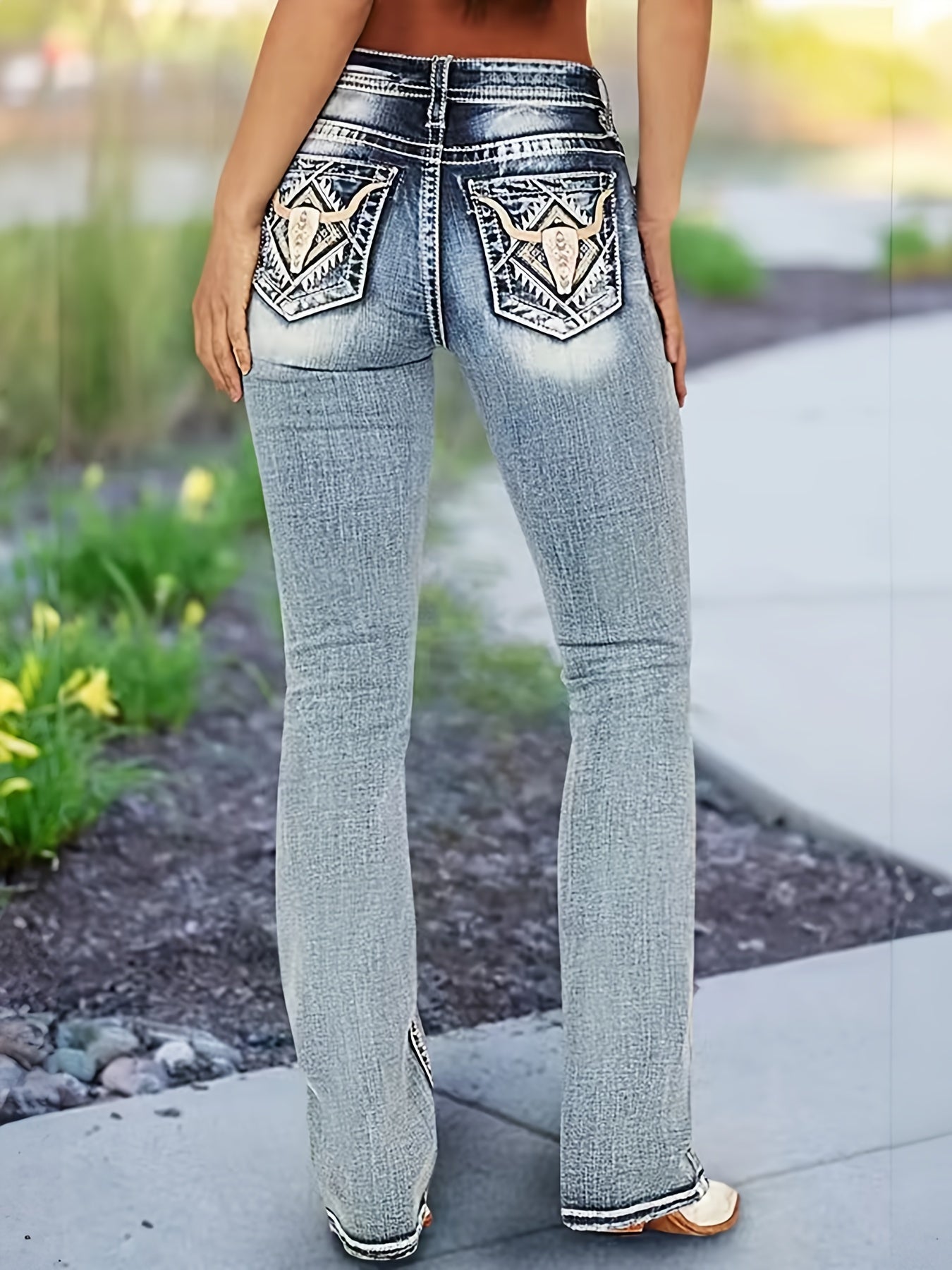 Stylish High-Waisted Embroidered Jeans - Four-Season Stretchy Comfort, Machine Washable, Soft Cotton-Polyester Blend Fabric, Classic Casual Fit, Versatile for Daily Wear - Easy Care, Long-Lasting Durability - LuxyXO