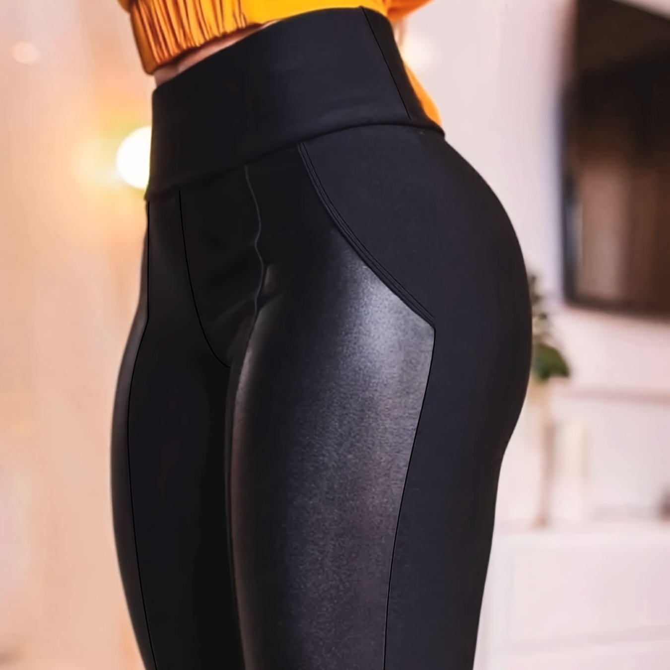 Stretchy Casual Pants, Solid Color, Elastic Waist, Comfortable for Daily Wear and Outdoor Commuting, Knit Fabric, Faux Leather, Versatile, Tight-fitting, Bottoming