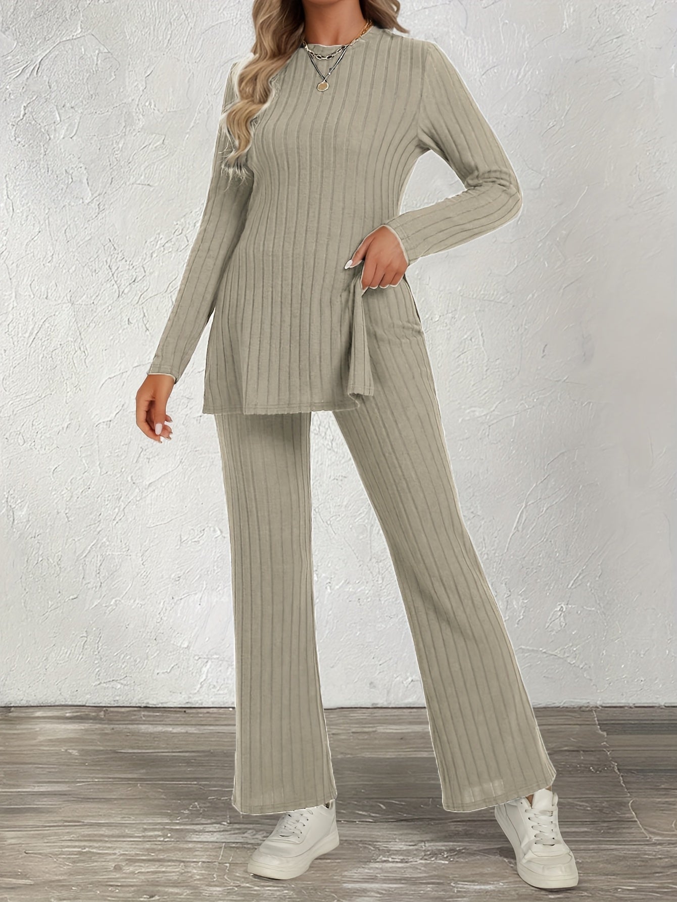 Trendy Two-Piece Ribbed Pantsuit Set - Long Sleeve Crew Neck Split Top & Strait Pants Outfit