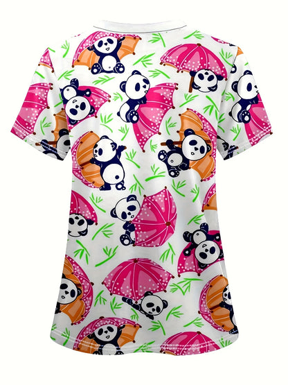 Elegante blusa médica con cuello en V y estampado de panda para mujer: suave, transpirable y funcional con bolsillo; uniforme de atención médica cómodo para médicos, enfermeras y dentistas; lavable a máquina, manga corta, largo normal