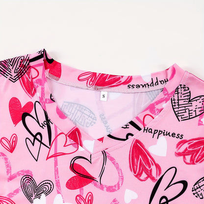 Vintage Heart Print V-Neck Scrubs Top - Soft, Breathable, Short Sleeve, Patched Pockets, Relaxed Fit Nurse Uniform for Women - Comfortable, Easy Care, and Stylish Medical Clothing