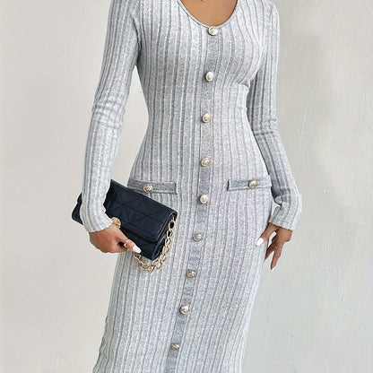 Ribbed Button Decor Dress, Casual Long Sleeve Bodycon Dress, Women's Clothing