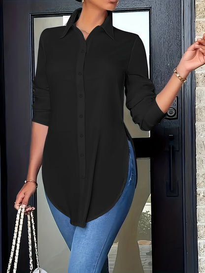 Blusa informal de manga larga con cuello vuelto, dobladillo redondo y botones para mujer de talla grande: cómoda, ajuste relajado, tela transpirable, fácil cuidado, perfecta para uso diario, trabajo o cita nocturna