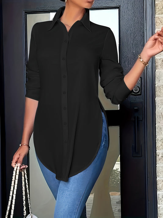 Plus Size Women's Solid Button Up Long Sleeve Turn Down Collar Round Hem Casual Blouse Shirt - Comfortable, Relaxed Fit, Breathable Fabric, Easy Care - Perfect for Daily Wear, Work, or Date Night