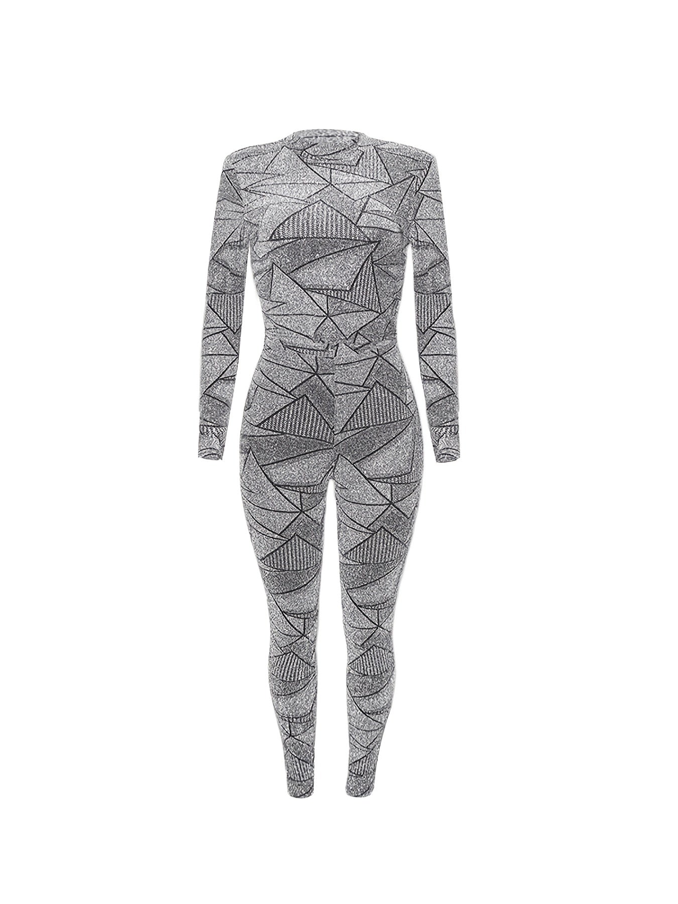 Plus Size Chic Geometric Print Long Sleeve Top & Pants Set - Flattering High Stretch, Sleek Shiny