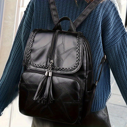 Casual PU Leather Backpack with Tassel Detail - Fashionable Lightweight Daypack