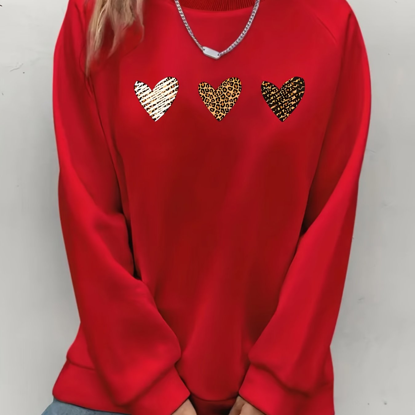 [Moda de temporada] Sudadera informal de cuello redondo de gran tamaño para mujer, tejido de punto 100 % poliéster, jersey de manga larga con patrón geométrico de corazón para otoño/invierno, jersey acogedor, jersey de cuello redondo, sudadera elegante