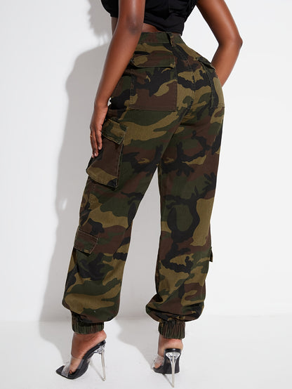 Pantalones vaqueros cargo con estampado de camuflaje para mujer: pantalones vaqueros casuales con bolsillos, mezcla de rayón no elástico, lavables a máquina