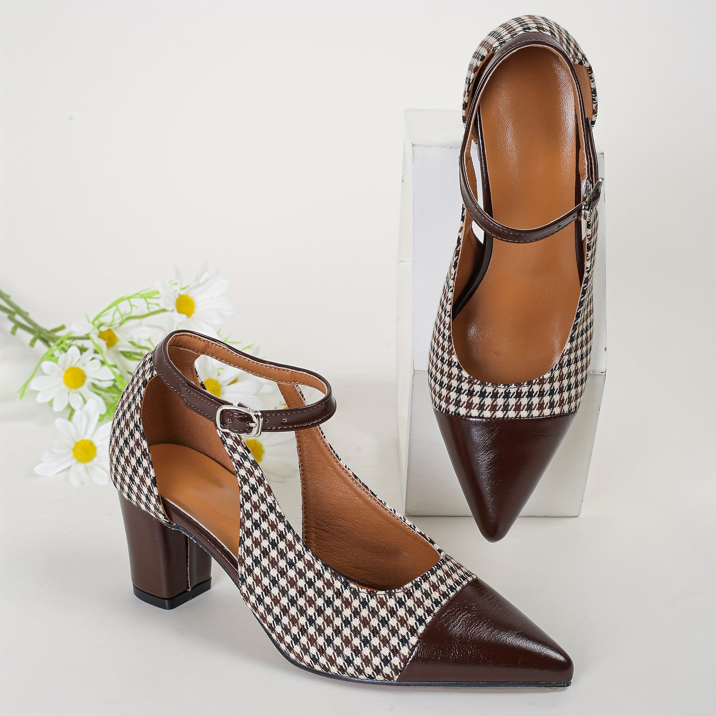 Mid Heel Womens Houndstooth Pattern Ankle Strap Shoes - Soft, Lightweight, Elegant Pointed Toe Dress Shoes with Block Heel, Faux Leather Insole, and Rubber Sole - Perfect for All-Season Wear