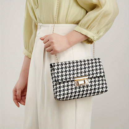 Houndstooth Glam - Elegante bolso bandolera con cadena y cierre de seguridad