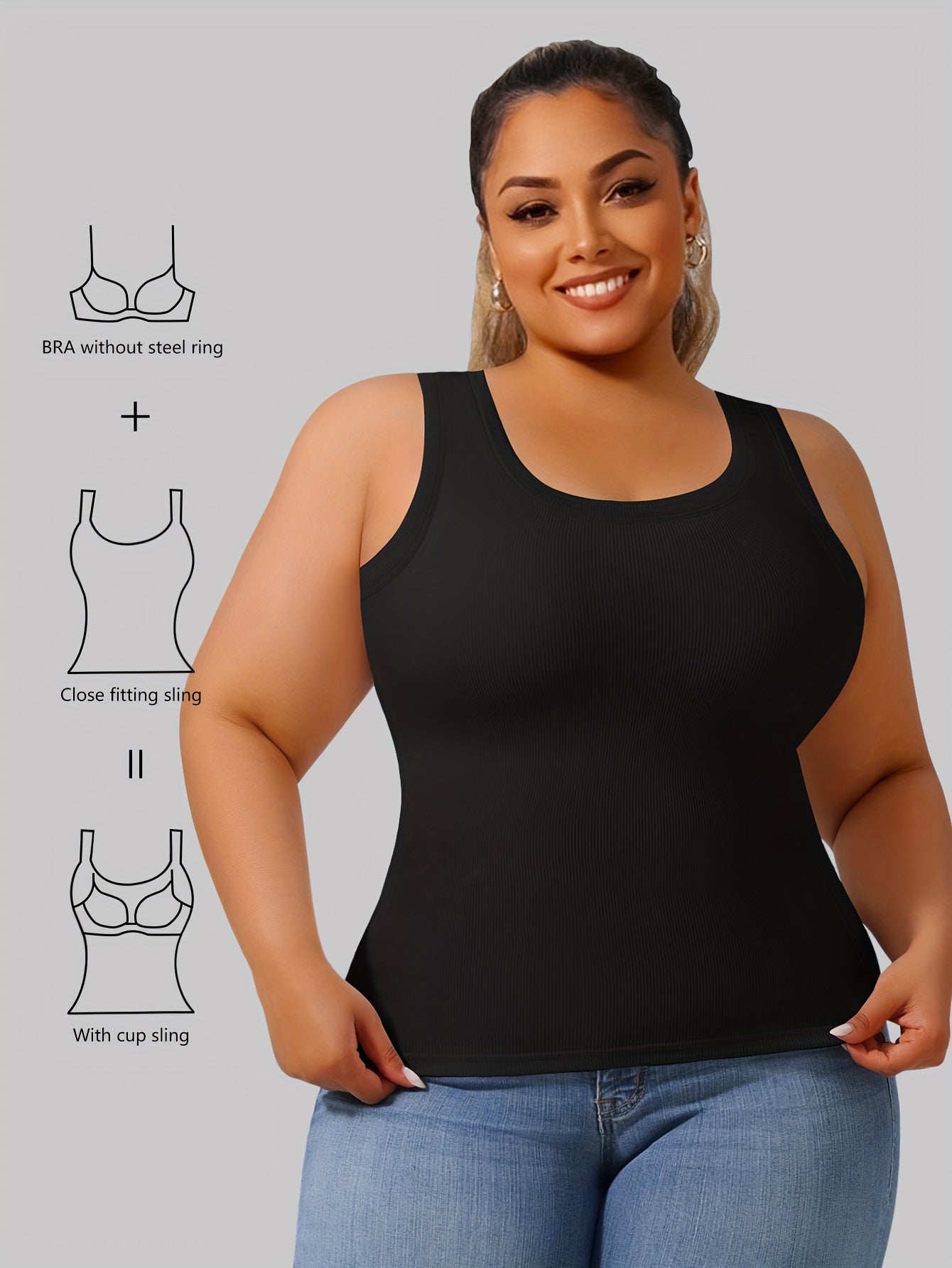 Chaleco moldeador simple de talla grande: modelador, corte ajustado, camiseta sin mangas 2 en 1 con tela acanalada sólida, diseño de cuello redondo, cómodo y transpirable para uso diario, ideal para mujeres con curvas