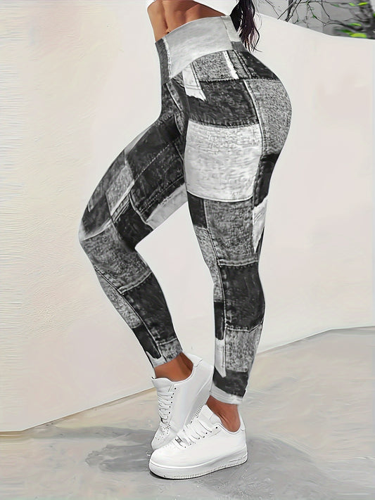 Leggings deportivos de talle alto ajustados con estampado de patchwork de mezclilla sintética y bloques de colores vibrantes en tallas grandes: tejido elástico en cuatro direcciones, transpirable y que absorbe la humedad