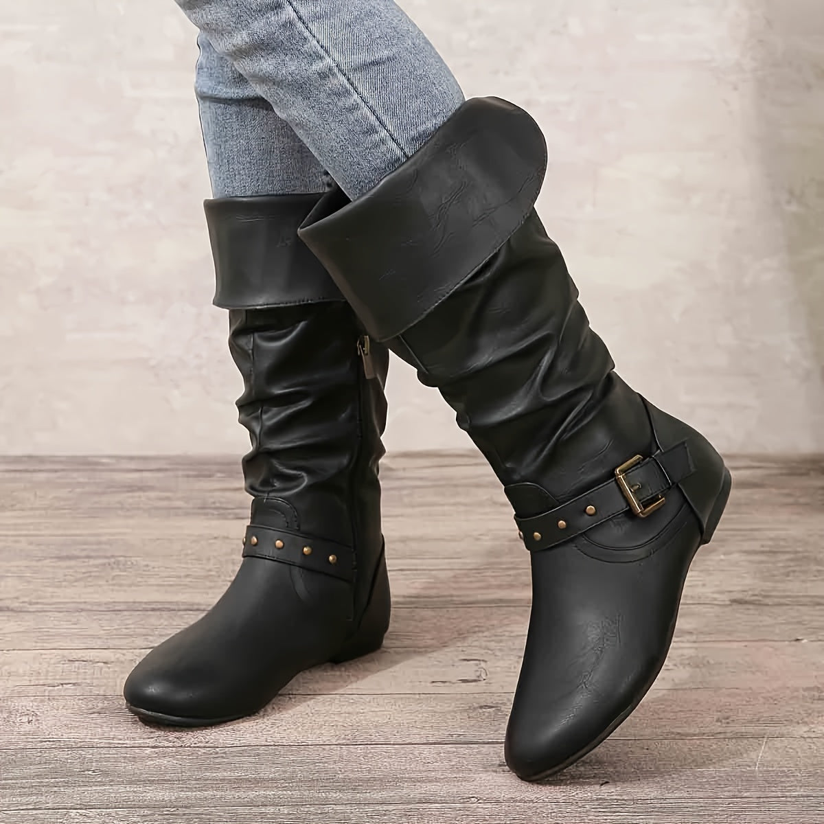 Retro Chic Pleated Knee-High Women's Boots with Buckle Detail, Comfortable Flat Heel & Easy Zip Closure, Versatile Western Style - LuxyXO