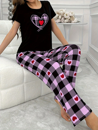 Cozy Heart Plaid Print Pajama Set for Women - Soft, Relaxed Fit, Short Sleeve Crew Neck Top & Pants