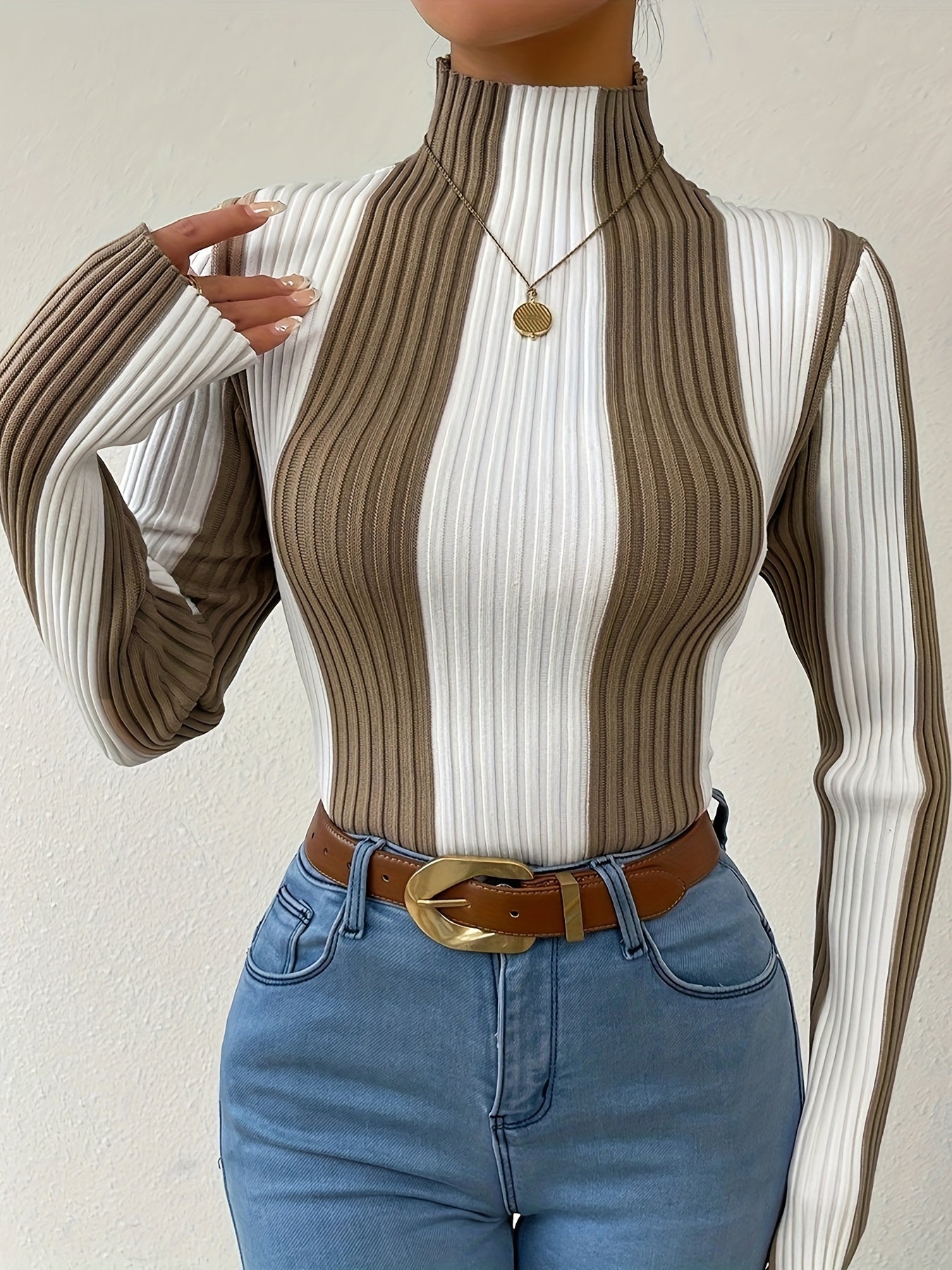 Rib Knit Color Block Mock Neck Sweater, Elegant Long Sleeve Sweater For Fall & Winter