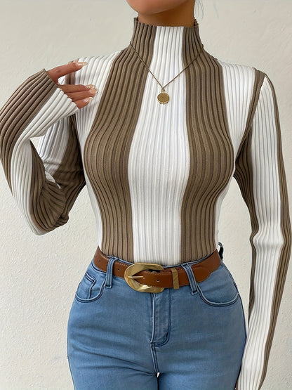 Rib Knit Color Block Mock Neck Sweater, Elegant Long Sleeve Sweater For Fall & Winter