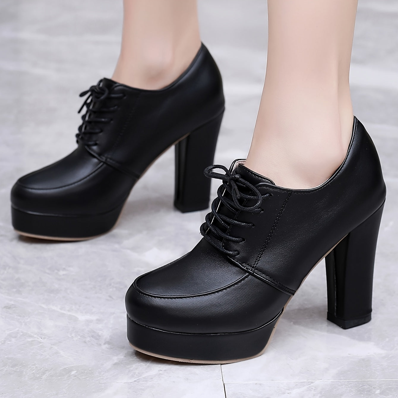 Womens Stylish Block Heel Ankle Boots - Rich Solid Hue, Elevated Platform, Chic Lace-Up Design - Versatile Dress Pumps for All-Occasions