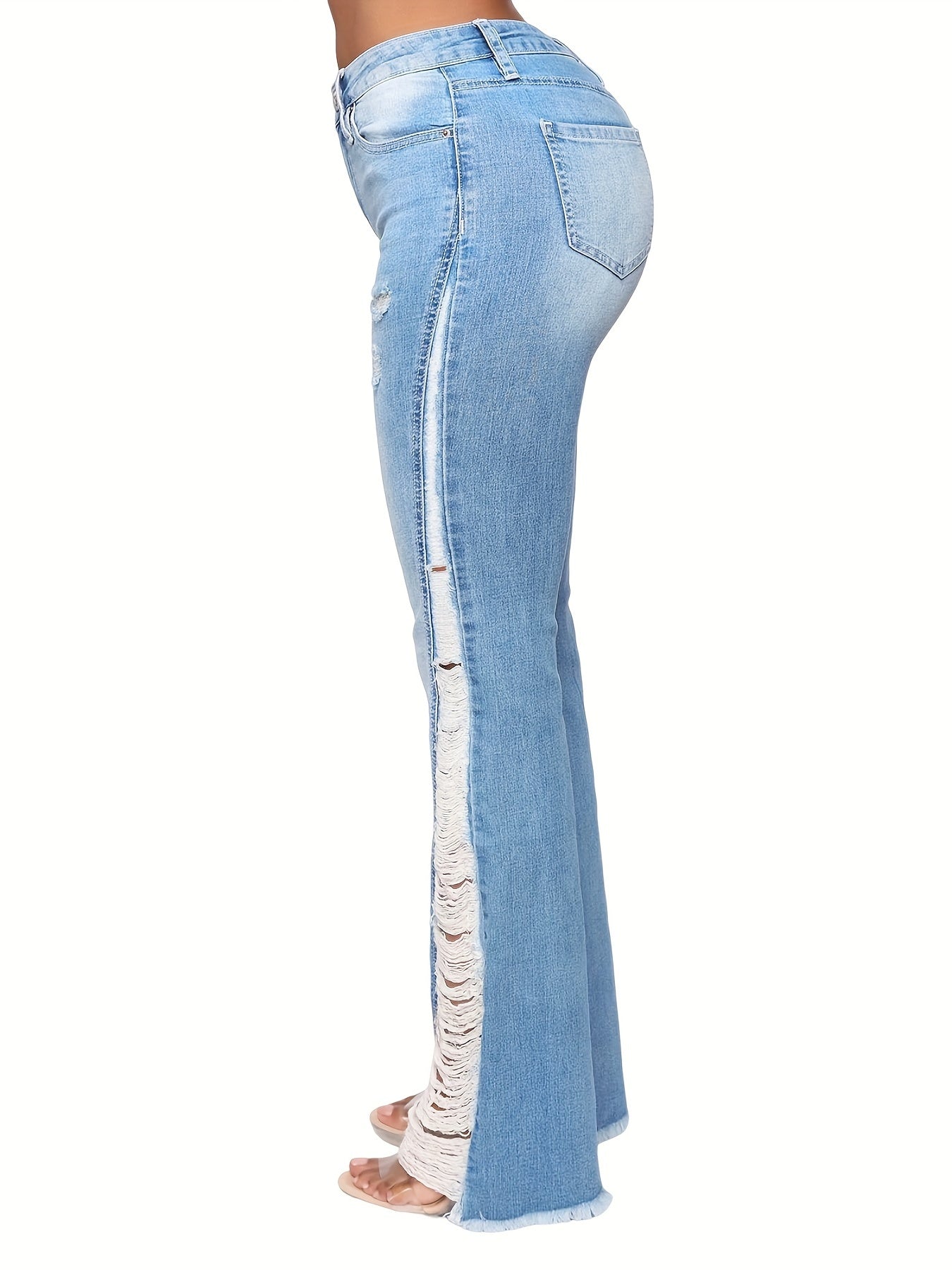 Women's plus size casual flare leg jeans with ripped fringe trim, split hem, and button fly, ideal for spring and fall carnival festivals.