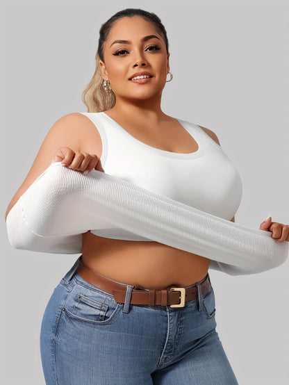 Chaleco moldeador simple de talla grande: modelador, corte ajustado, camiseta sin mangas 2 en 1 con tela acanalada sólida, diseño de cuello redondo, cómodo y transpirable para uso diario, ideal para mujeres con curvas