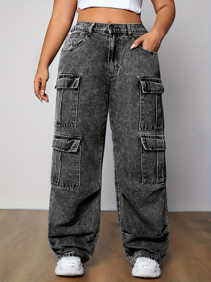 Stylish plus-size cargo jeans for women with multi-pocket design and side flap pockets in loose fit denim, ideal for streetwear and casual wear.