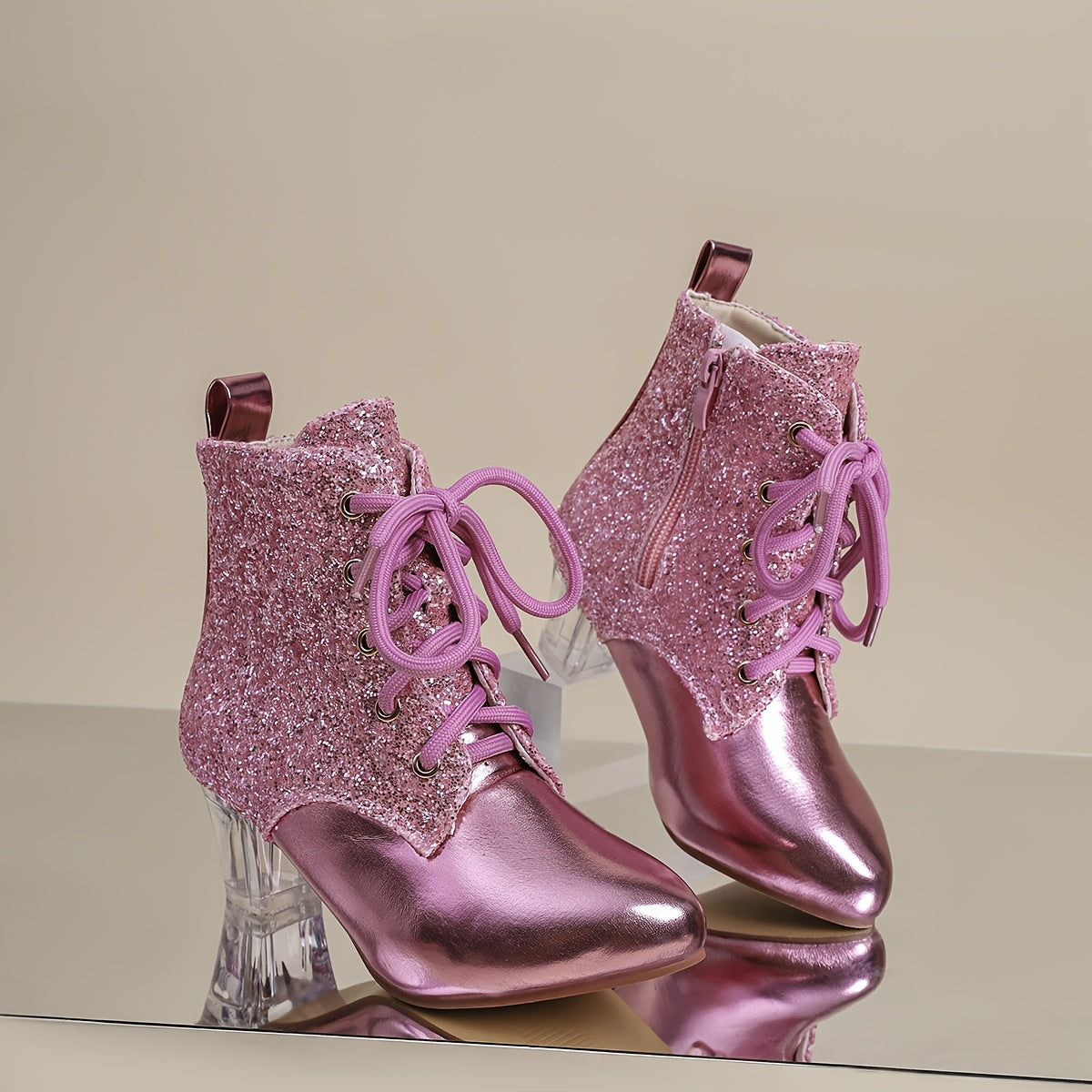 Botines con parches de lentejuelas para mujer, punta puntiaguda moderna, cierre de cremallera, tacón de bloque medio, forro de tela