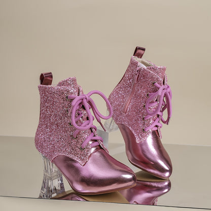 Botines con parches de lentejuelas para mujer, punta puntiaguda moderna, cierre de cremallera, tacón de bloque medio, forro de tela